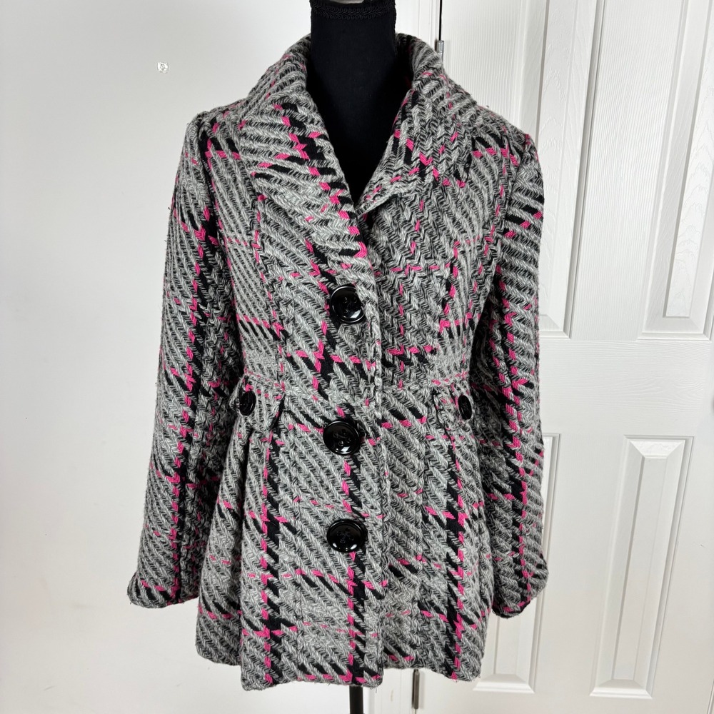 Candies Womens XL‎ Peacoat Grey Pink Herringbone Plaid Wool Blend Button Up Coat